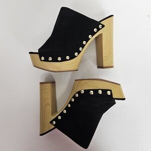 H&M Black Faux Suede Wood Platform Clogs Open Toes Wood Heel Studded Sz 6